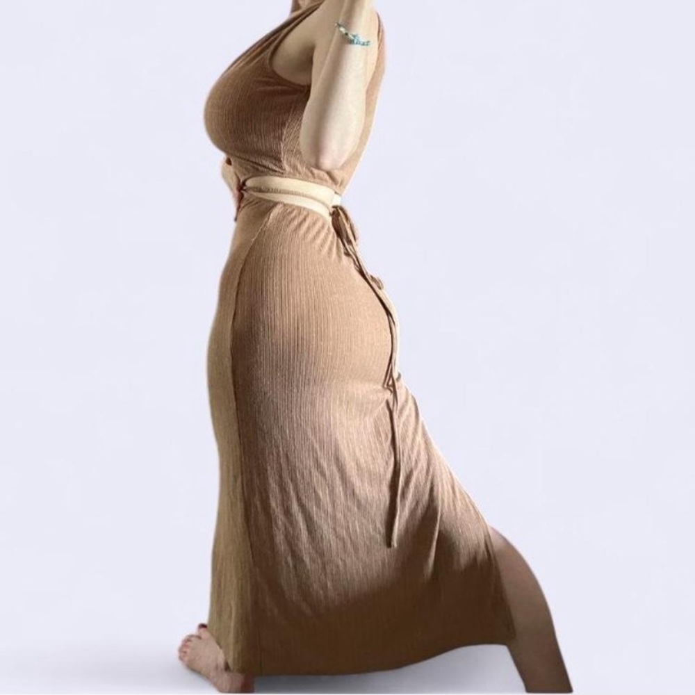 🦋 Plunge Front Ribbed Thigh Slit Open Back Bodycon Maxi Sundress 🦋